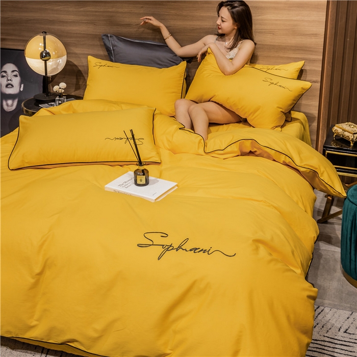 91家纺网 家纺一手货源 找家纺 （买家秀 爆款花型不断货）纯棉四件套纯棉全棉四件套长绒棉刺绣四件套长绒棉四件套贡缎四件套轻奢四件套 姜黄