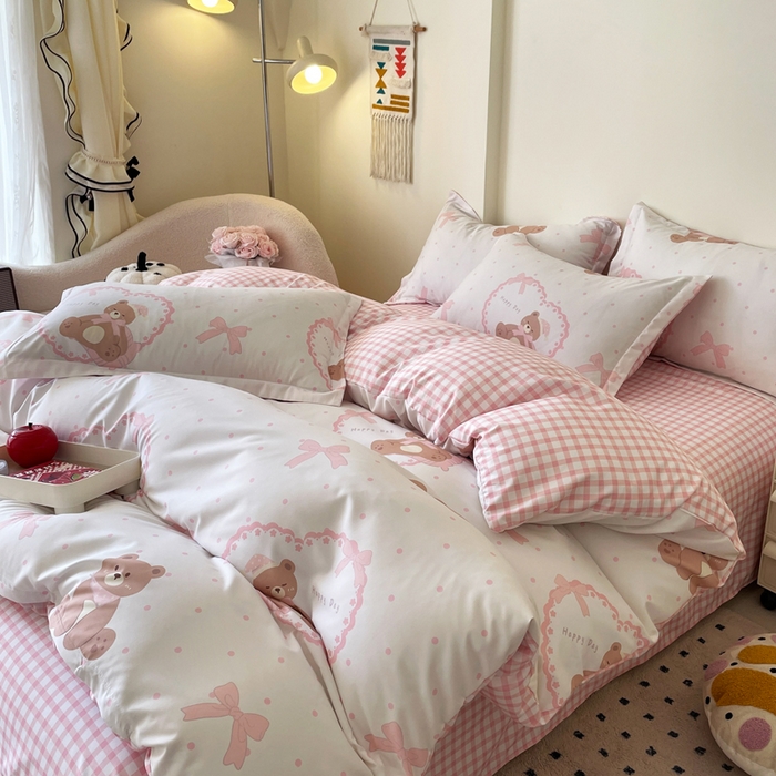 91家纺网 家纺一手货源 找家纺 （买家秀爆款花色不断货）A类母婴级小清新磨毛四件套简约磨毛四件套花卉磨毛四件套卡通磨毛四件套格子条纹 奶油小熊