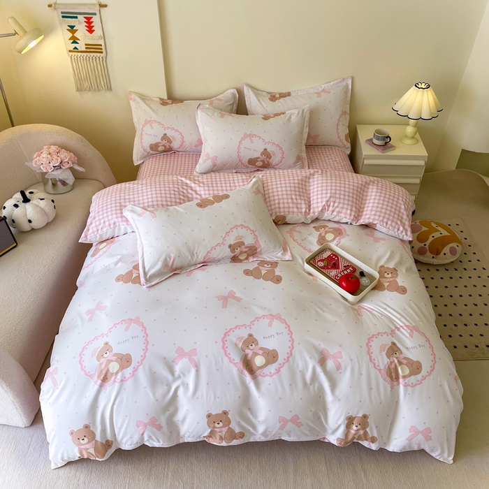 91家纺网 家纺一手货源 找家纺 （买家秀爆款花色不断货）A类母婴级小清新磨毛四件套简约磨毛四件套花卉磨毛四件套卡通磨毛四件套格子条纹 奶油小熊