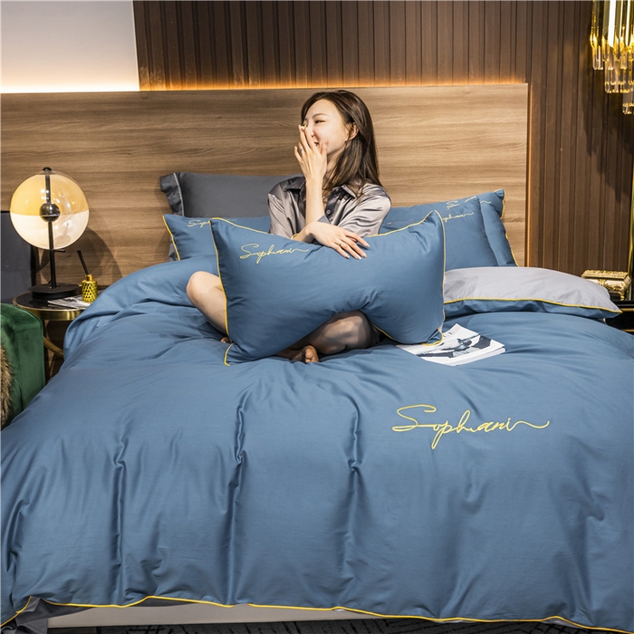 91家纺网 家纺一手货源 找家纺 （买家秀 爆款花型不断货）纯棉四件套纯棉全棉四件套长绒棉刺绣四件套长绒棉四件套贡缎四件套轻奢四件套 宝兰配浅灰