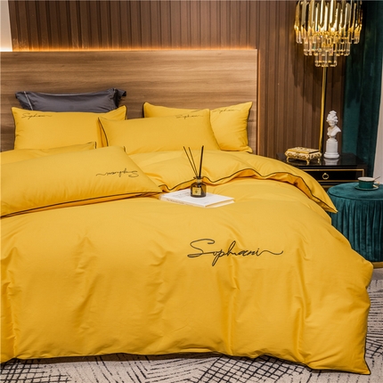 91家纺网 家纺一手货源 找家纺 （买家秀 爆款花型不断货）纯棉四件套纯棉全棉四件套长绒棉刺绣四件套长绒棉四件套贡缎四件套轻奢四件套 姜黄
