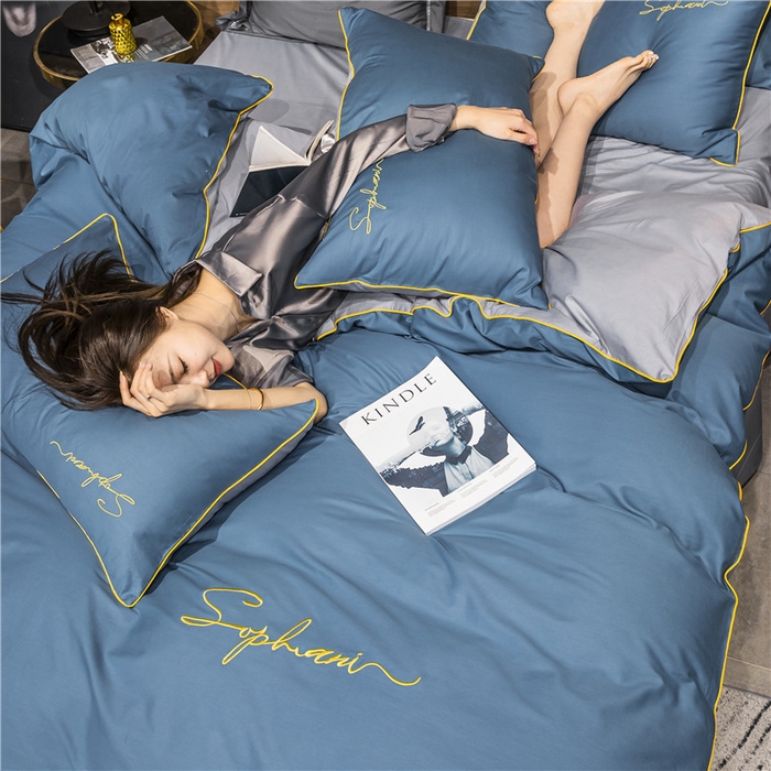 91家纺网 家纺一手货源 找家纺 （买家秀 爆款花型不断货）纯棉四件套纯棉全棉四件套长绒棉刺绣四件套长绒棉四件套贡缎四件套轻奢四件套 宝兰配浅灰