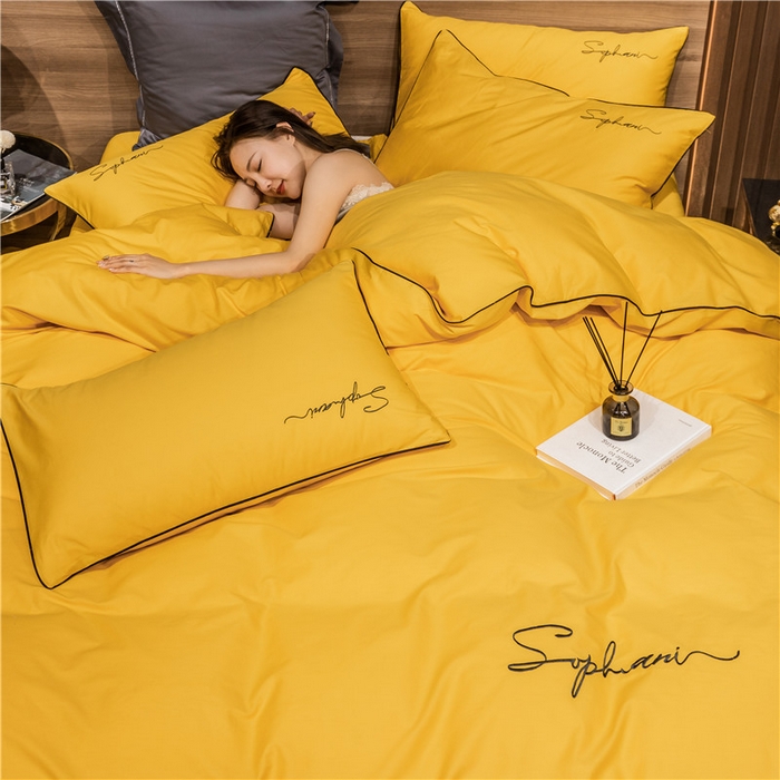 91家纺网 家纺一手货源 找家纺 （买家秀 爆款花型不断货）纯棉四件套纯棉全棉四件套长绒棉刺绣四件套长绒棉四件套贡缎四件套轻奢四件套 姜黄