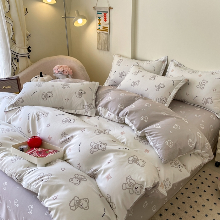 91家纺网 家纺一手货源 找家纺 （买家秀爆款花色不断货）A类母婴级小清新磨毛四件套简约磨毛四件套花卉磨毛四件套卡通磨毛四件套格子条纹 奶咖小熊