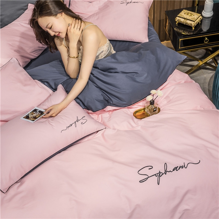 91家纺网 家纺一手货源 找家纺 （买家秀 爆款花型不断货）纯棉四件套纯棉全棉四件套长绒棉刺绣四件套长绒棉四件套贡缎四件套轻奢四件套 粉玉配灰紫