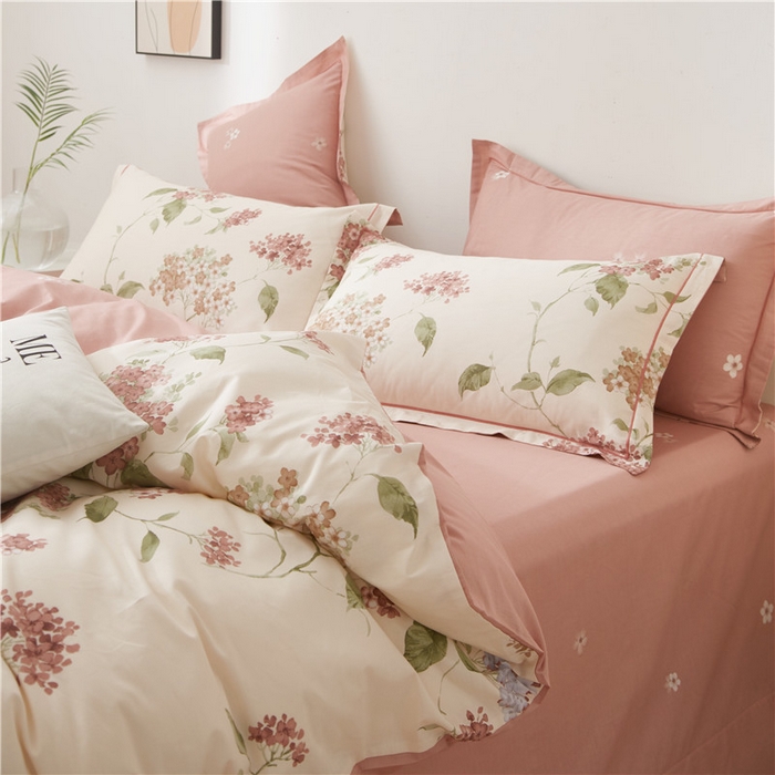 91家纺网 家纺一手货源 找家纺 沐白家居 2025新款全棉印花四件套 南枝-粉