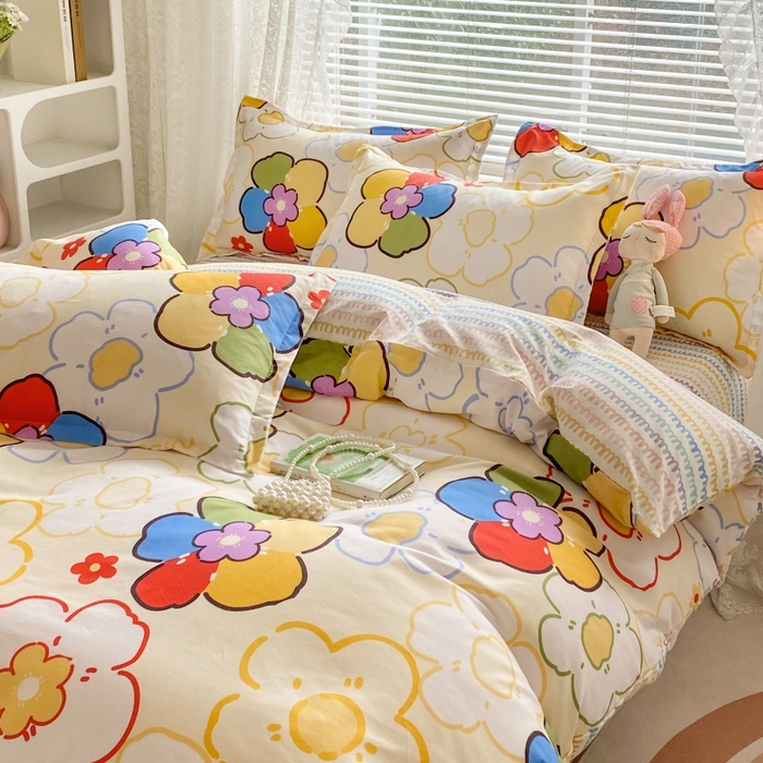 91家纺网 家纺一手货源 找家纺 （买家秀爆款花色不断货）A类母婴级小清新磨毛四件套简约磨毛四件套花卉磨毛四件套卡通磨毛四件套格子条纹 七色花