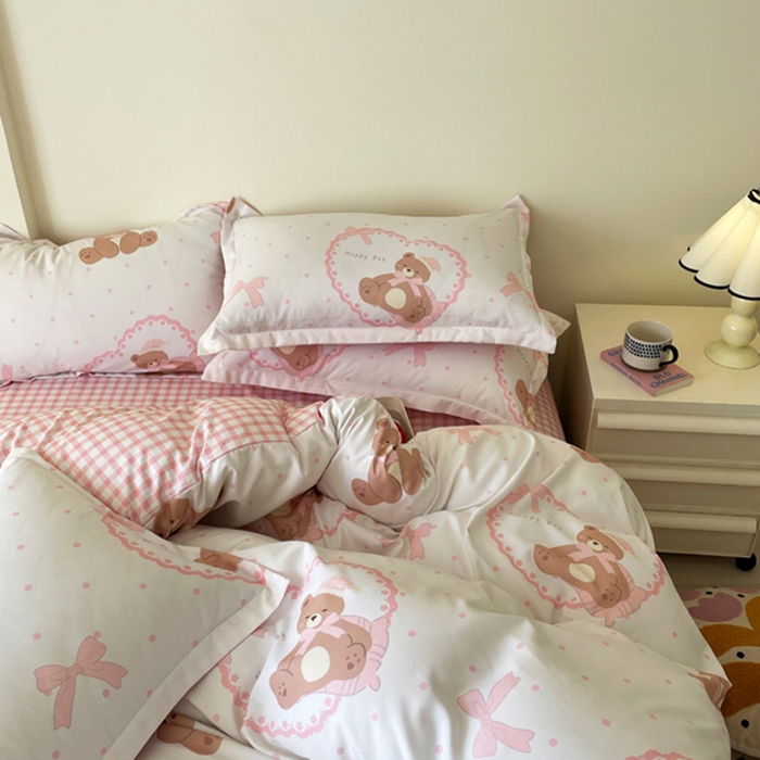 91家纺网 家纺一手货源 找家纺 （买家秀爆款花色不断货）A类母婴级小清新磨毛四件套简约磨毛四件套花卉磨毛四件套卡通磨毛四件套格子条纹 奶油小熊