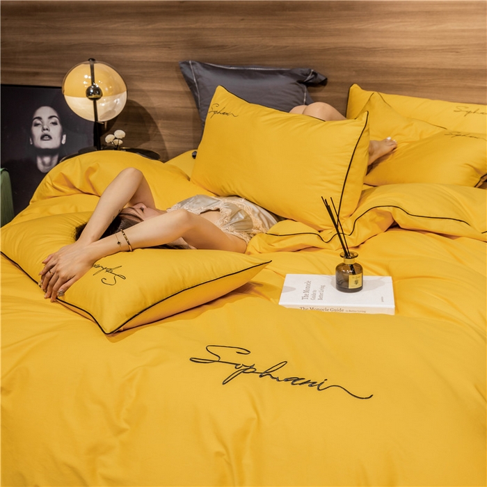 91家纺网 家纺一手货源 找家纺 （买家秀 爆款花型不断货）纯棉四件套纯棉全棉四件套长绒棉刺绣四件套长绒棉四件套贡缎四件套轻奢四件套 姜黄