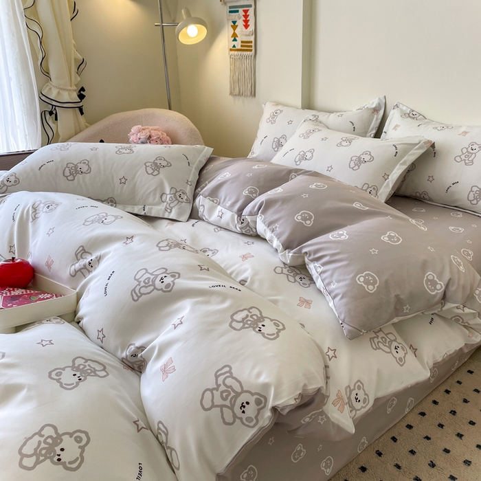 91家纺网 家纺一手货源 找家纺 （买家秀爆款花色不断货）A类母婴级小清新磨毛四件套简约磨毛四件套花卉磨毛四件套卡通磨毛四件套格子条纹 奶咖小熊