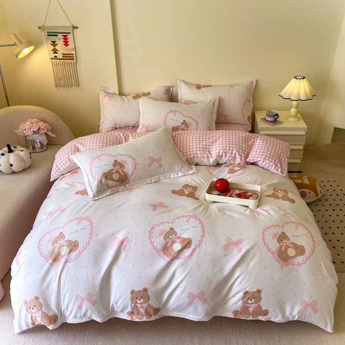 91家纺网 家纺一手货源 找家纺 （买家秀爆款花色不断货）A类母婴级小清新磨毛四件套简约磨毛四件套花卉磨毛四件套卡通磨毛四件套格子条纹 奶油小熊