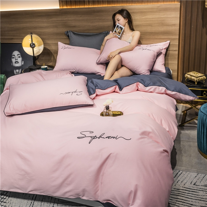 91家纺网 家纺一手货源 找家纺 （买家秀 爆款花型不断货）纯棉四件套纯棉全棉四件套长绒棉刺绣四件套长绒棉四件套贡缎四件套轻奢四件套 粉玉配灰紫