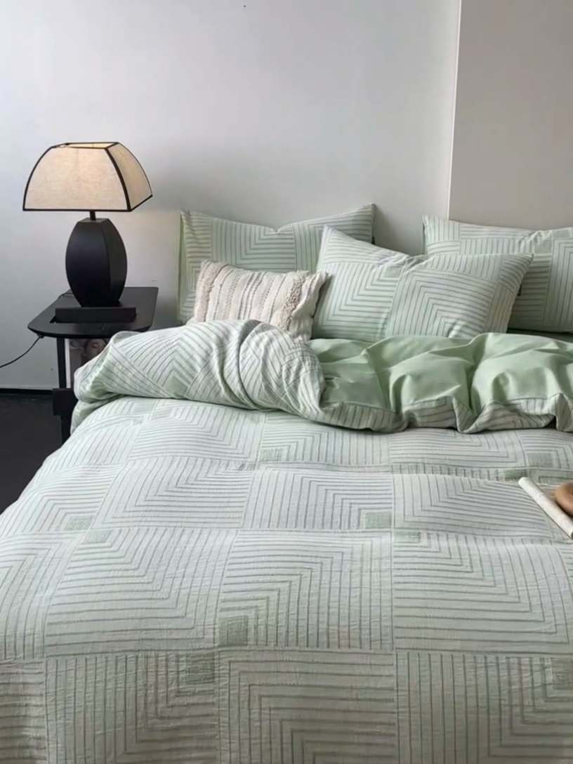 91家纺网 家纺一手货源 找家纺 （买家秀爆款花色不断货）纯棉磨毛四件套纯棉全棉磨毛四件套全棉三层纱磨毛四件套加厚磨毛A类大提花四件套 意象空间-绿