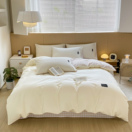 91家纺网 家纺一手货源 找家纺 （买家秀 爆款花色不断货）A类母婴级纯棉磨毛四件套简约纯棉全棉磨毛四件套纯棉全棉四件套无印风-场景2 简兮-黄