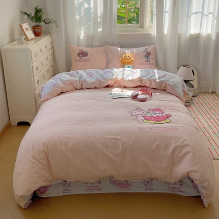 （买家秀爆款花色不断货）A类母婴级纯棉磨毛四件套简约纯棉全棉磨毛四件套三丽鸥磨毛四件套贴布绣纯棉全棉 美乐蒂乐园-粉