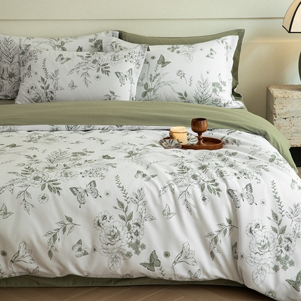 91家纺网 家纺一手货源 找家纺 （买家秀爆款花色不断货）A类母婴级纯棉磨毛四件套简约纯棉全棉磨毛四件套纯棉四件套全棉四件套磨毛三件套 浮生翩翩-绿