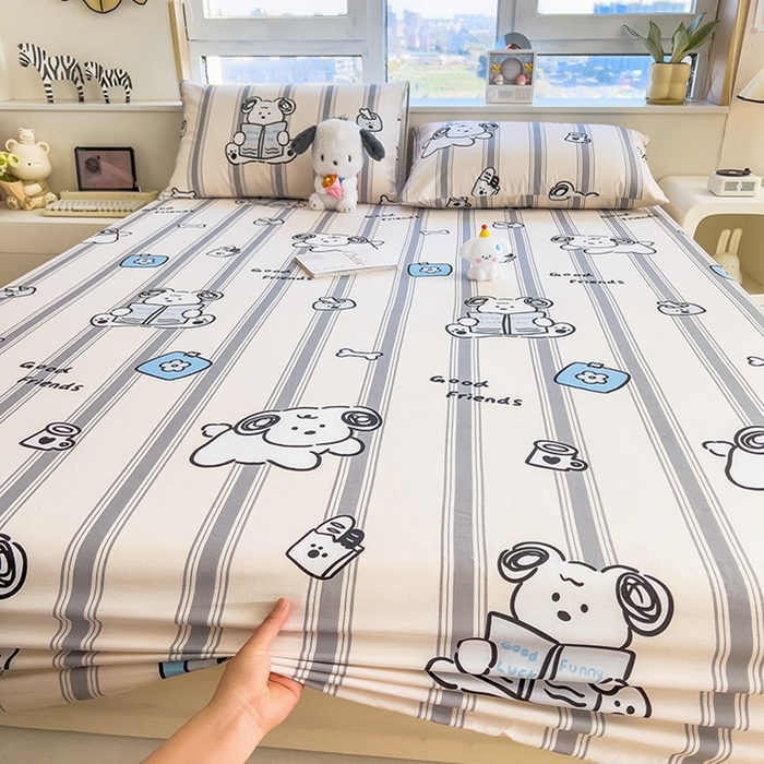 91家纺网 家纺一手货源 找家纺 摩妮卡 2025新款A类裸睡级全棉印花床笠系列 奶狗呼呼