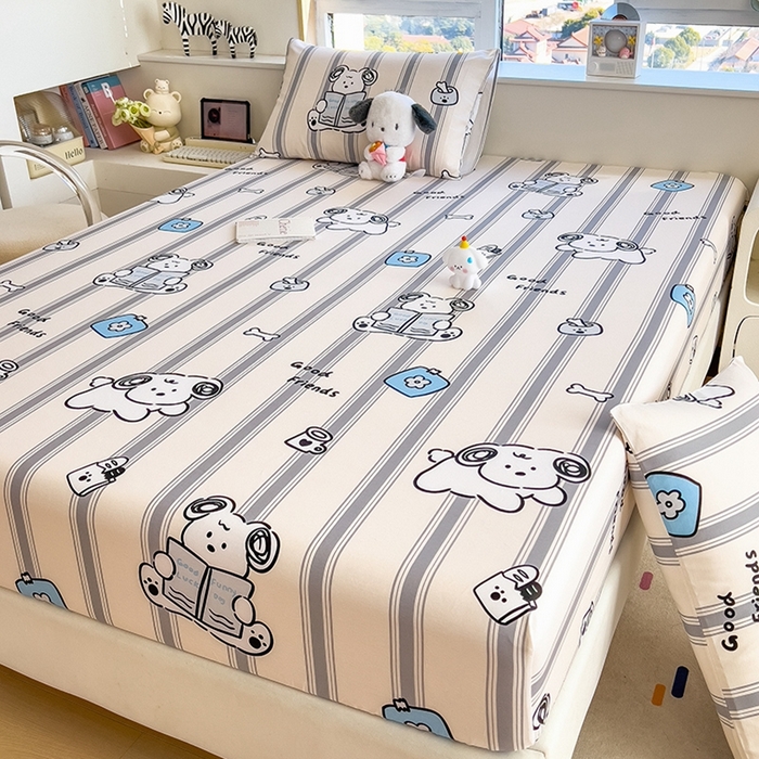 91家纺网 家纺一手货源 找家纺 摩妮卡 2025新款A类裸睡级全棉印花床笠系列 奶狗呼呼