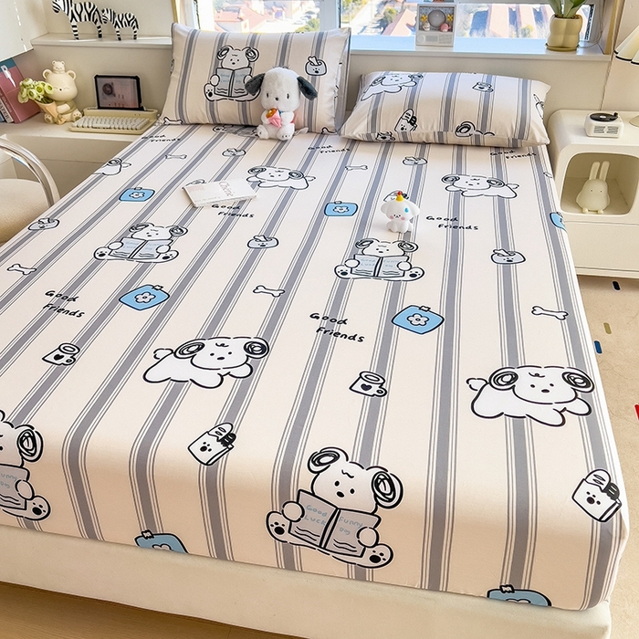 91家纺网 家纺一手货源 找家纺 摩妮卡 2025新款A类裸睡级全棉印花床笠系列 奶狗呼呼