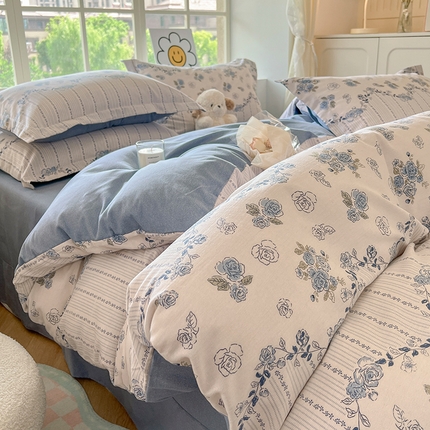 91家纺网 家纺一手货源 找家纺 （买家秀 爆款花色不断货）A类母婴级纯棉磨毛四件套简约可爱风纯棉四件套全棉四件套磨毛三件套 小野玫-兰