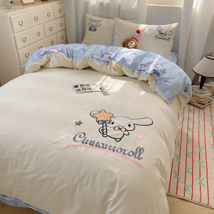 91家纺网 家纺一手货源 找家纺 （买家秀爆款花色不断货）A类母婴级纯棉磨毛四件套简约纯棉全棉磨毛四件套三丽鸥磨毛四件套贴布绣纯棉全棉 星愿玉桂狗-米