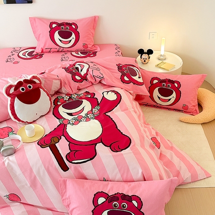 91家纺网 家纺一手货源 找家纺 （买家秀爆款花色不断货）A类母婴级迪士尼卡通纯棉磨毛四件套简约纯棉全棉磨毛四件套纯棉四件套全棉四件套 爱吃草莓