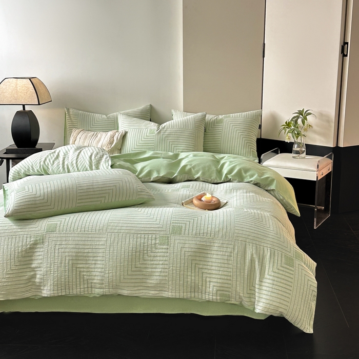 91家纺网 家纺一手货源 找家纺 （买家秀爆款花色不断货）纯棉磨毛四件套纯棉全棉磨毛四件套全棉三层纱磨毛四件套加厚磨毛A类大提花四件套 意象空间-绿