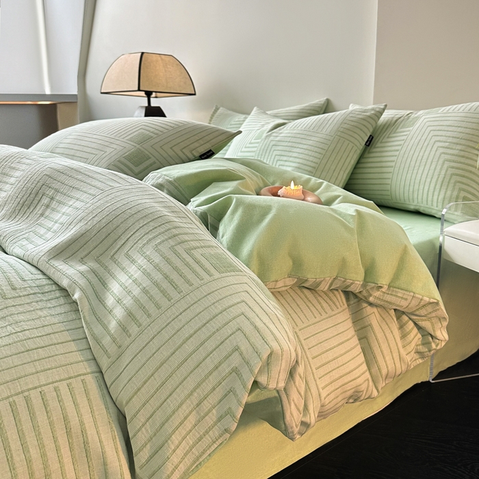 91家纺网 家纺一手货源 找家纺 （买家秀爆款花色不断货）纯棉磨毛四件套纯棉全棉磨毛四件套全棉三层纱磨毛四件套加厚磨毛A类大提花四件套 意象空间-绿