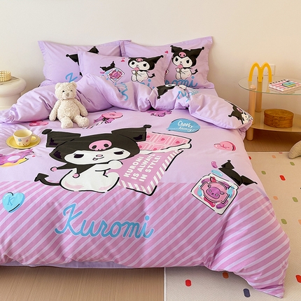 91家纺网 家纺一手货源 找家纺 （买家秀 爆款花色不断货）A类母婴级纯棉磨毛四件套简约纯棉全棉磨毛四件套三丽鸥全棉磨毛大版磨毛四件套 库洛米