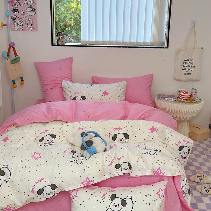 91家纺网 家纺一手货源 找家纺 （买家秀爆款花型长期款不断货）A类母婴级13372纯棉四件套40支全棉四件套学生三件套宿舍萌趣卡通 布丁狗