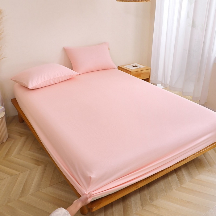 91家纺网 家纺一手货源 找家纺 晶缦家纺 2025新款纯棉纯色全棉双层纱系列单床笠 觅琳-暮云粉