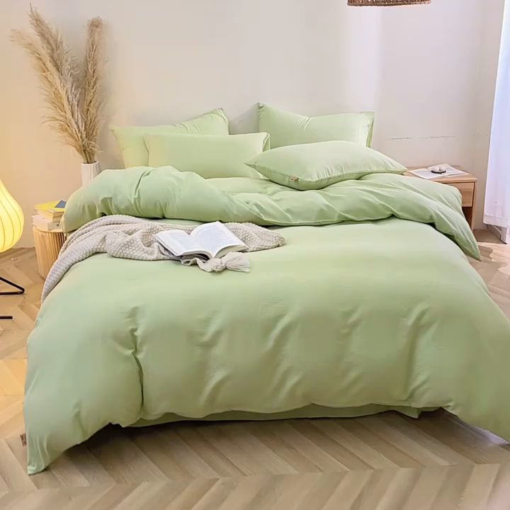 91家纺网 家纺一手货源 找家纺 晶缦家纺 2025新款纯棉纯色全棉双层纱四件套 觅琳-浅春绿