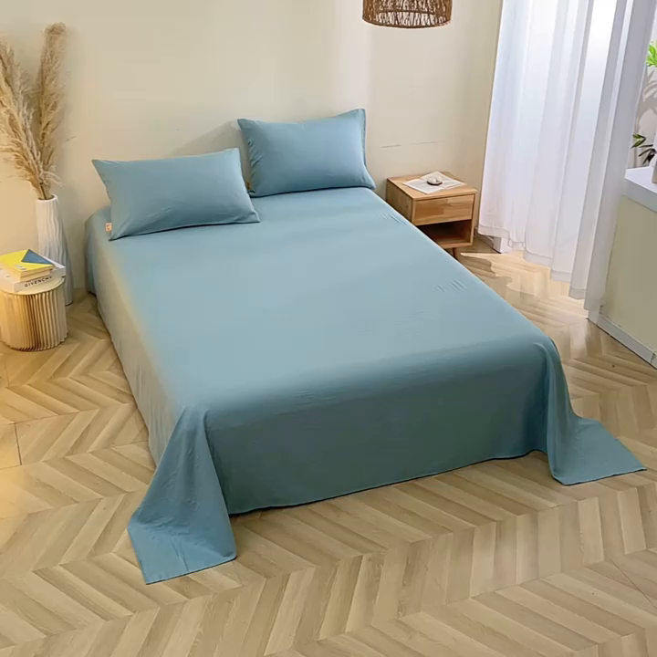 91家纺网 家纺一手货源 找家纺 晶缦家纺 2025新款纯棉纯色全棉双层纱系列单床单 觅琳-桃青蓝