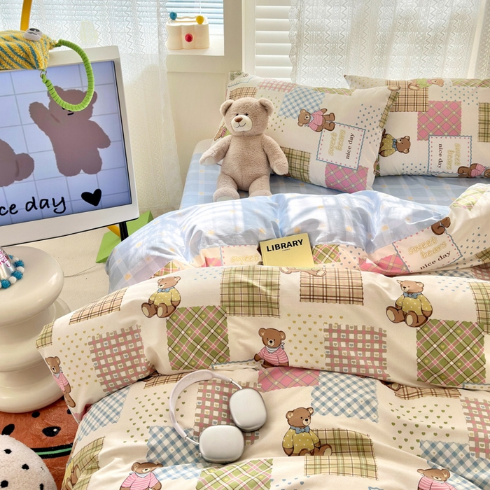 91家纺网 家纺一手货源 找家纺 （买家秀爆款花型长期款不断货）A类母婴级13372纯棉四件套40支全棉四件套学生三件套宿舍萌趣卡通 伯格小熊