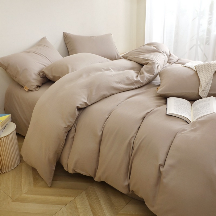 91家纺网 家纺一手货源 找家纺 晶缦家纺 2025新款纯棉纯色全棉双层纱四件套 觅琳-浅卡其