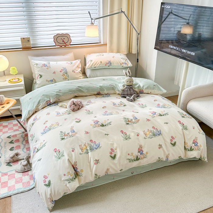 91家纺网 家纺一手货源 找家纺 （买家秀爆款花型长期款不断货）A类母婴级13372纯棉四件套40支全棉四件套学生三件套宿舍萌趣卡通 逃家小兔