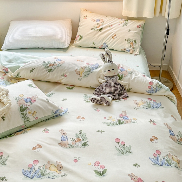 91家纺网 家纺一手货源 找家纺 （买家秀爆款花型长期款不断货）A类母婴级13372纯棉四件套40支全棉四件套学生三件套宿舍萌趣卡通 逃家小兔