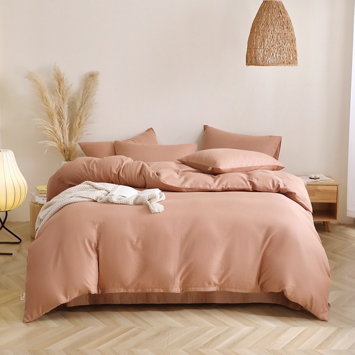 91家纺网 家纺一手货源 找家纺 晶缦家纺 2025新款纯棉纯色全棉双层纱四件套 觅琳-赭石棕