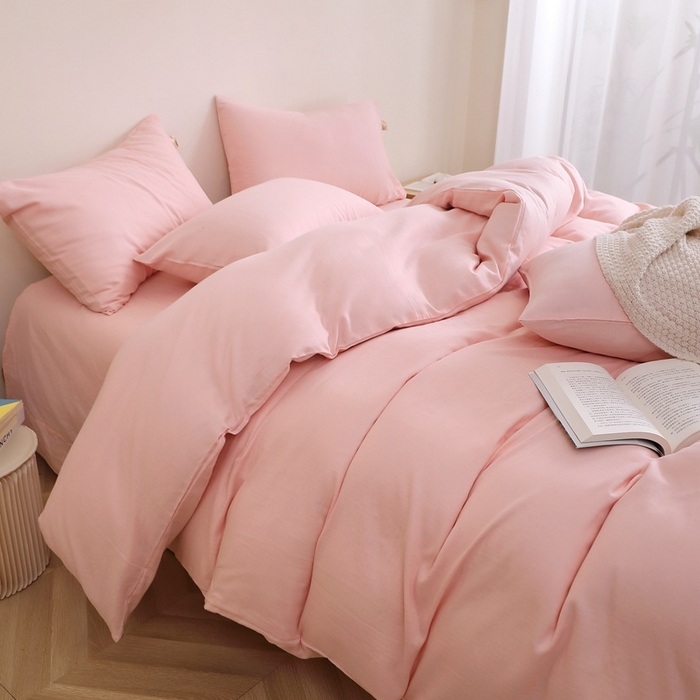 91家纺网 家纺一手货源 找家纺 晶缦家纺 2025新款纯棉纯色全棉双层纱四件套 觅琳-暮云粉