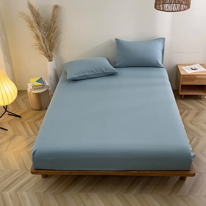 91家纺网 家纺一手货源 找家纺 晶缦家纺 2025新款纯棉纯色全棉双层纱系列单床笠 觅琳-桃青蓝