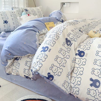 91家纺网 家纺一手货源 找家纺 （买家秀爆款花型长期款不断货）A类母婴级13372纯棉四件套40支全棉四件套学生三件套宿舍萌趣卡通 曲奇小兔
