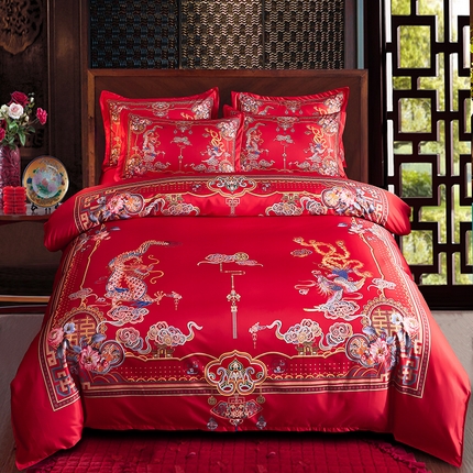 91家纺网 家纺一手货源 找家纺 （总）（买家秀 爆款花型不断货）中式婚庆四件套红色四件套结婚四件套喜庆四件套婚嫁四件套新婚四件套床裙四件套