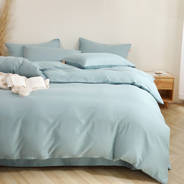 91家纺网 家纺一手货源 找家纺 晶缦家纺 2025新款纯棉纯色全棉双层纱四件套 觅琳-桃青蓝