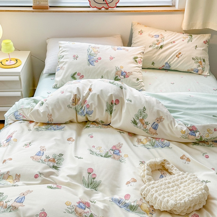 91家纺网 家纺一手货源 找家纺 （买家秀爆款花型长期款不断货）A类母婴级13372纯棉四件套40支全棉四件套学生三件套宿舍萌趣卡通 逃家小兔