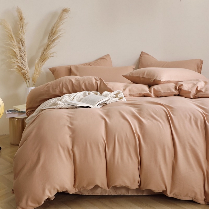 91家纺网 家纺一手货源 找家纺 晶缦家纺 2025新款纯棉纯色全棉双层纱四件套 觅琳-朱颜酡