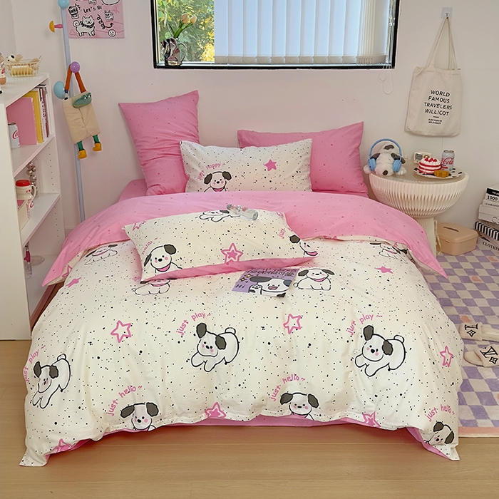 91家纺网 家纺一手货源 找家纺 （买家秀爆款花型长期款不断货）A类母婴级13372纯棉四件套40支全棉四件套学生三件套宿舍萌趣卡通 布丁狗