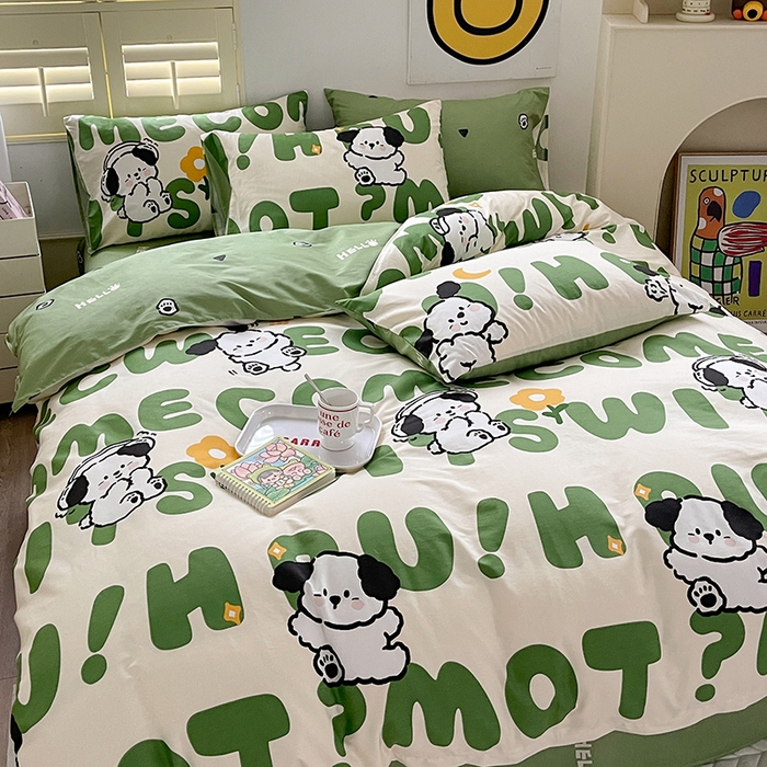 91家纺网 家纺一手货源 找家纺 （买家秀爆款花型长期款不断货）A类母婴级13372纯棉四件套40支全棉四件套学生三件套宿舍萌趣卡通 屁屁狗