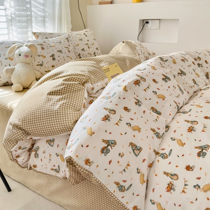 91家纺网 家纺一手货源 找家纺 （买家秀爆款花型长期款不断货）A类母婴级13372纯棉四件套40支全棉四件套学生三件套宿舍萌趣卡通 小兔农场