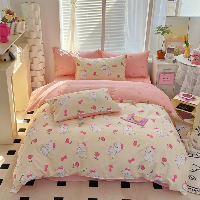 91家纺网 家纺一手货源 找家纺 （买家秀爆款花型长期款不断货）A类母婴级13372纯棉四件套40支全棉四件套学生三件套宿舍萌趣卡通 公主小猫