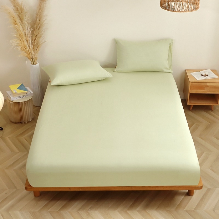 91家纺网 家纺一手货源 找家纺 晶缦家纺 2025新款纯棉纯色全棉双层纱系列单床笠 觅琳-浅春绿